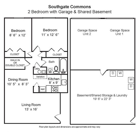 Floor plan for 2 beds, 1 bath